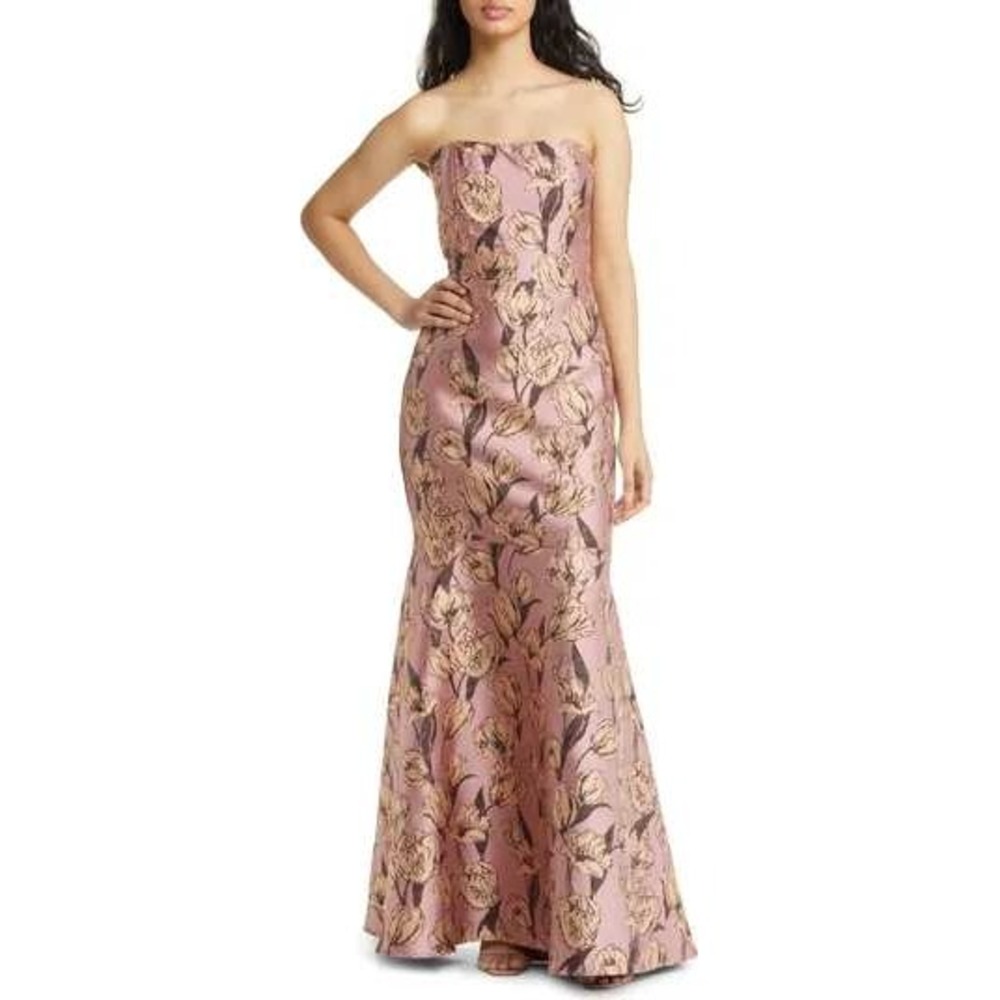 Lulu's Rose Gold Strapless Floral Maxi Dress